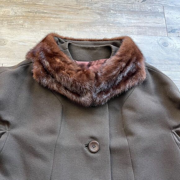 Vintage Trench Coat Women's Large Mink Fur Neck Brown Green 1950s Winter Button - Picture 13 of 14